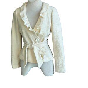 Classiques Entier Ivory Cream Merino Wool Ruffle Jacket Self Belt Size Small